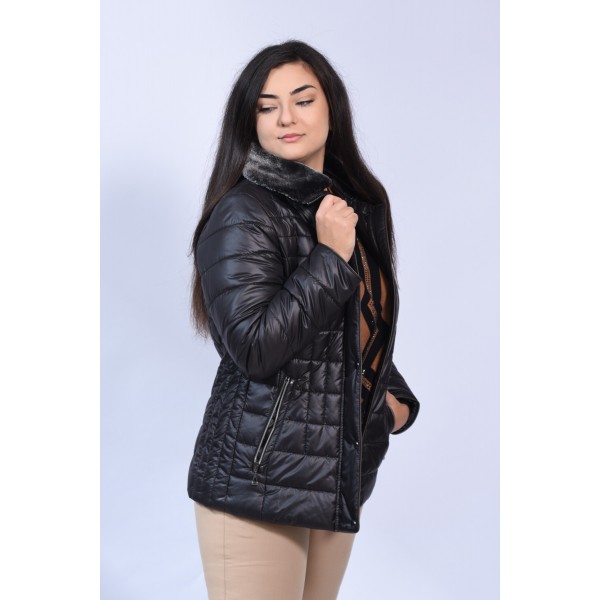 Μπουφάν MicroCoat μαύρο με γούνα γιακά Μεγάλα Μεγέθη