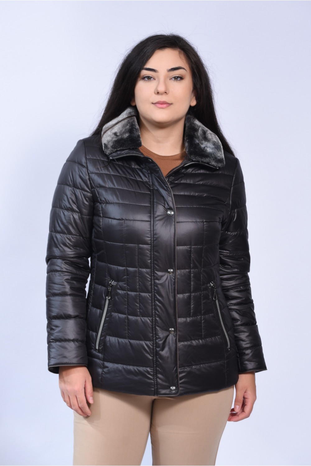 Μπουφάν MicroCoat μαύρο με γούνα γιακά Μεγάλα Μεγέθη