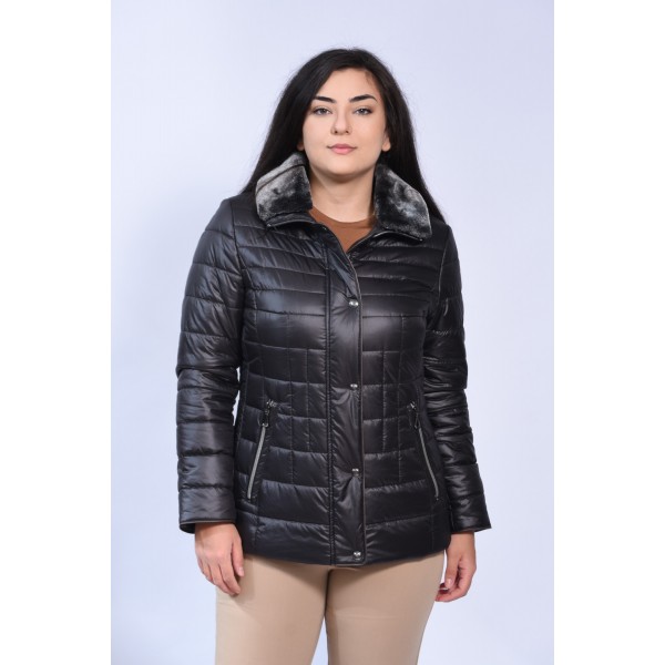 Μπουφάν MicroCoat μαύρο με γούνα γιακά Μεγάλα Μεγέθη