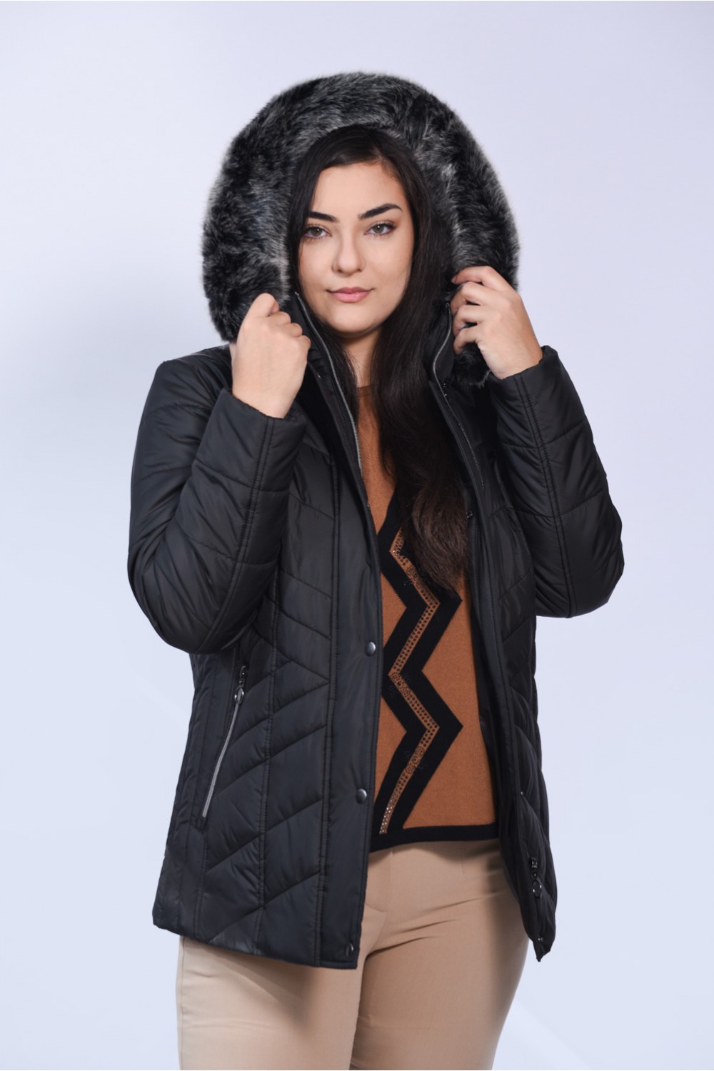 Μπουφάν MicroCoat μαύρο με κουκούλα  Μεγάλα Μεγέθη