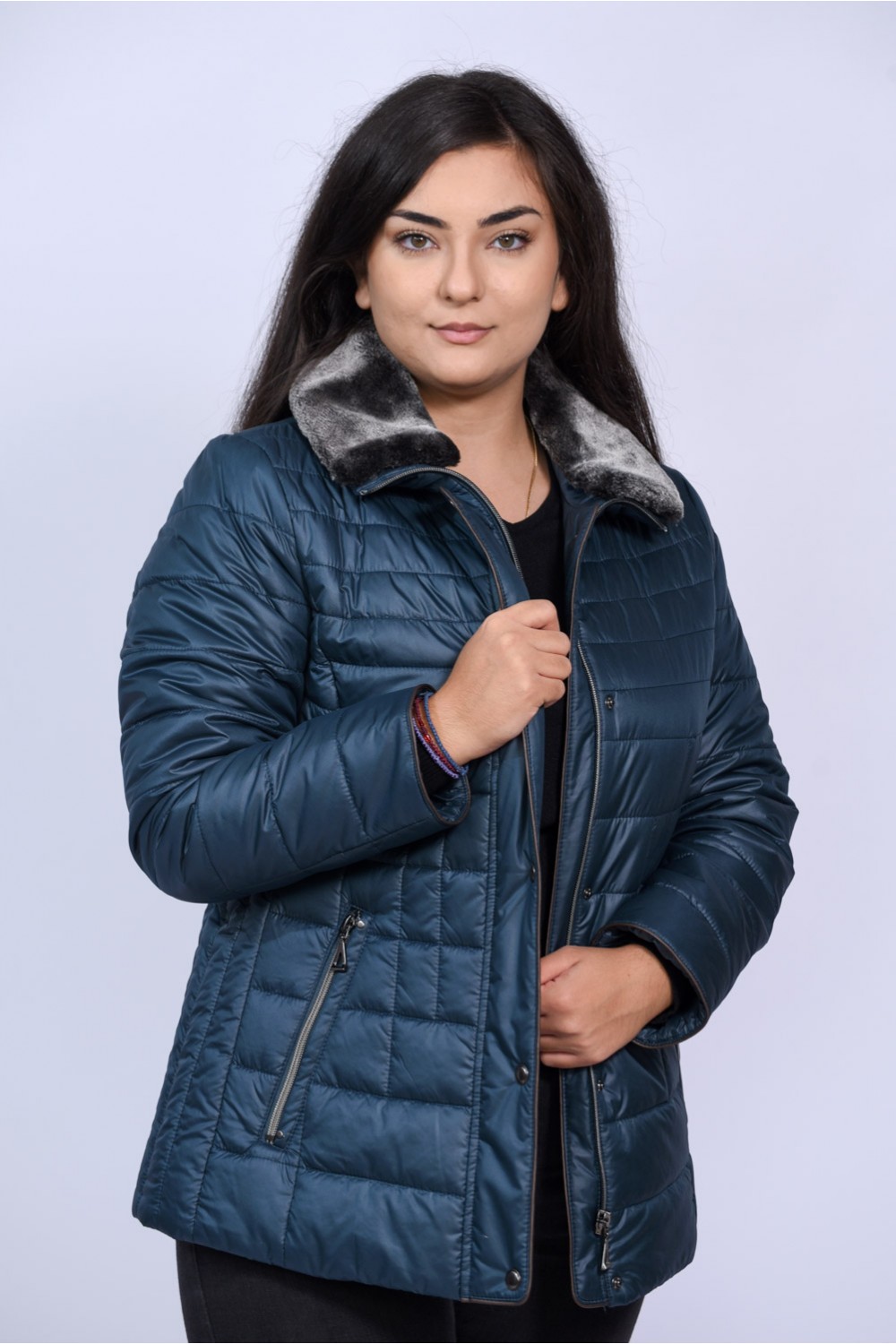 Μπουφάν MicroCoat πετρόλ με γούνα γιακά Μεγάλα Μεγέθη
