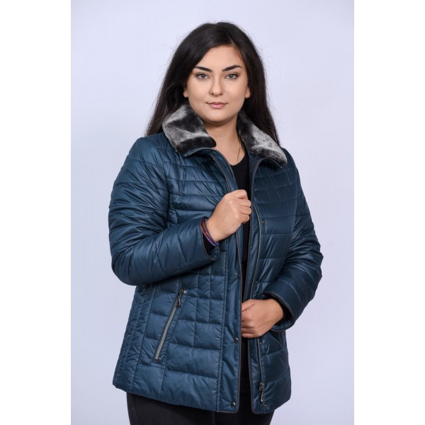 Μπουφάν MicroCoat πετρόλ με γούνα γιακά Μεγάλα Μεγέθη