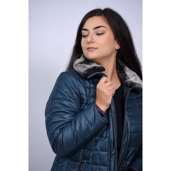 Μπουφάν MicroCoat πετρόλ με γούνα γιακά Μεγάλα Μεγέθη