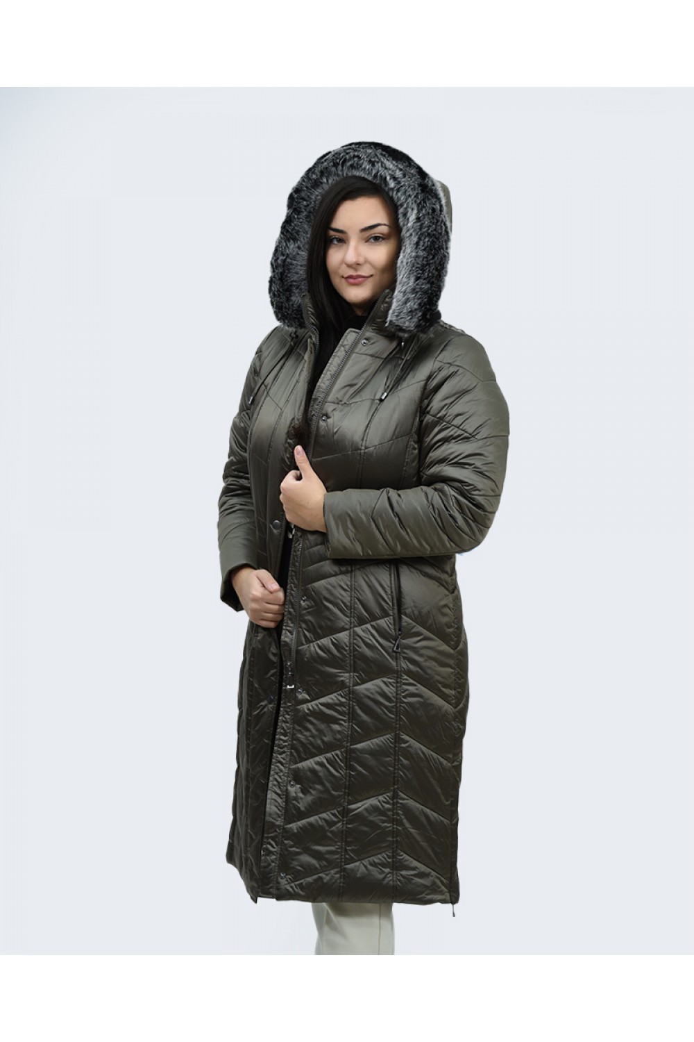 Μπουφάν MicroCoat λαδί μακρύ με γούνα Μπουφάν