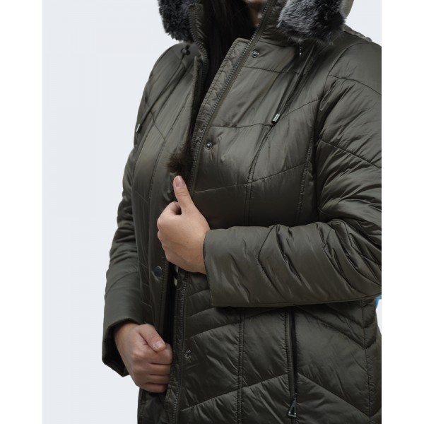 Μπουφάν MicroCoat λαδί μακρύ με γούνα Μπουφάν