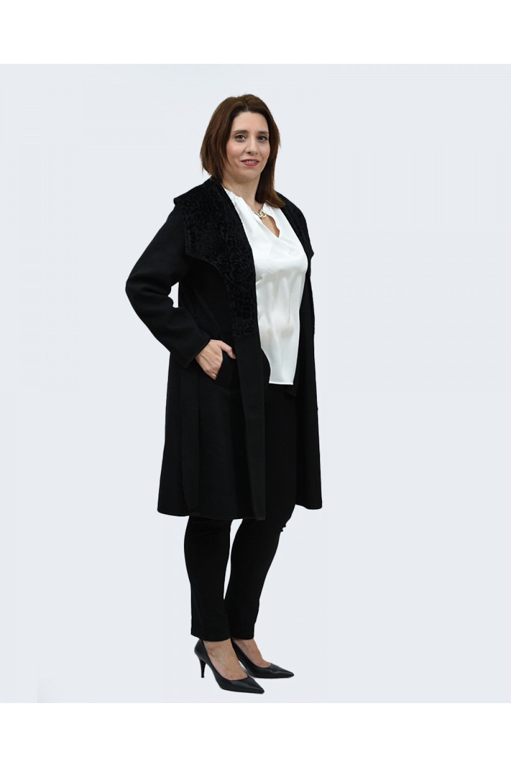 Ημίπαλτο μαύρο με οικολογική γούνα Πανωφόρια