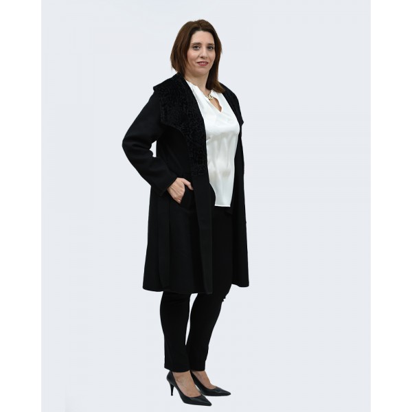 Ημίπαλτο μαύρο με οικολογική γούνα Πανωφόρια