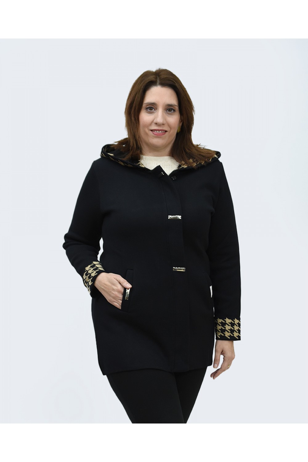 Ζακέτα μαύρη με μπεζ και με κουκούλα Πανωφόρια