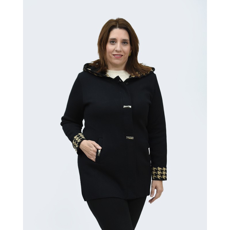 Ζακέτα μαύρη με μπεζ και με κουκούλα