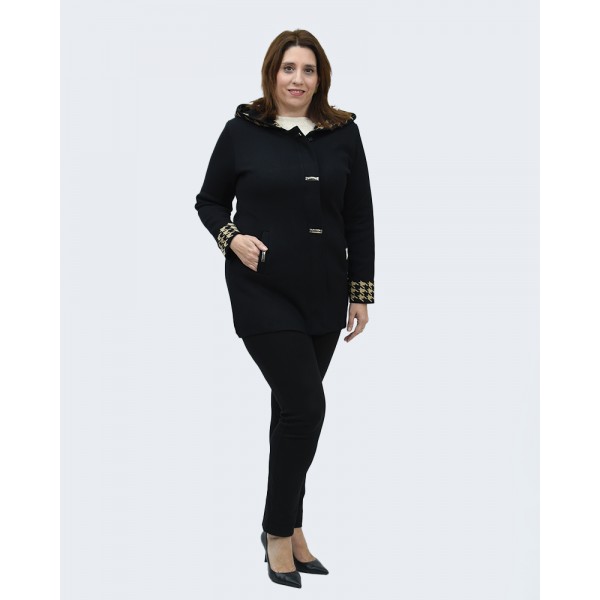 Ζακέτα μαύρη με μπεζ και με κουκούλα Πανωφόρια