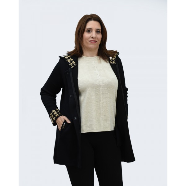 Ζακέτα μαύρη με μπεζ και με κουκούλα Πανωφόρια