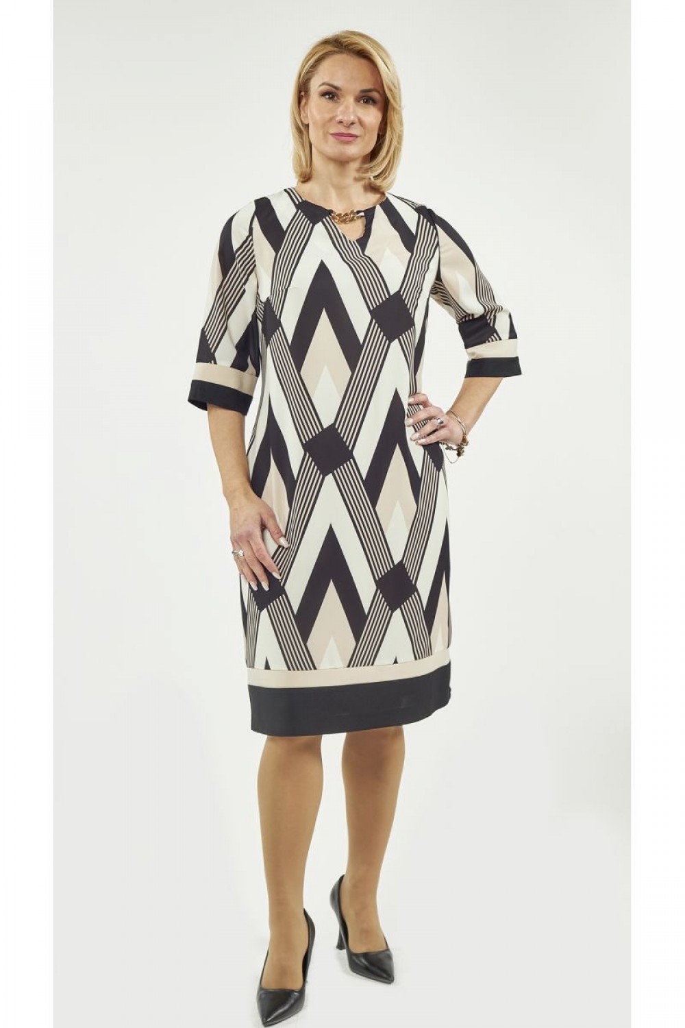 Φόρεμα ASSY εκρού με μαύρο  Μεγάλα Μεγέθη