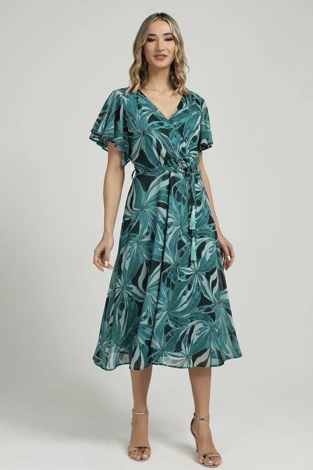 Φόρεμα κρουαζέ εμπριμέ πράσινο Μεγάλα Μεγέθη