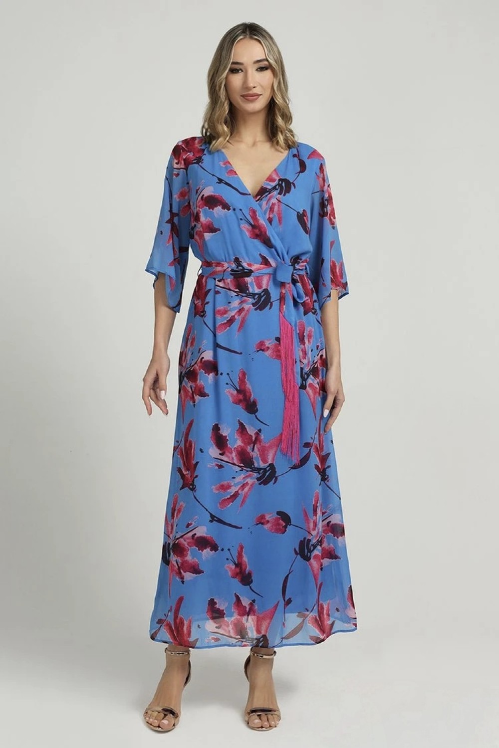 Φόρεμα κρουαζέ γαλάζιο με φούξια Μεγάλα Μεγέθη