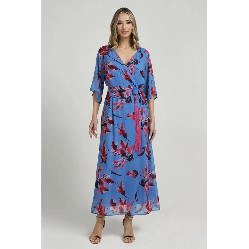 Φόρεμα κρουαζέ γαλάζιο με φούξια