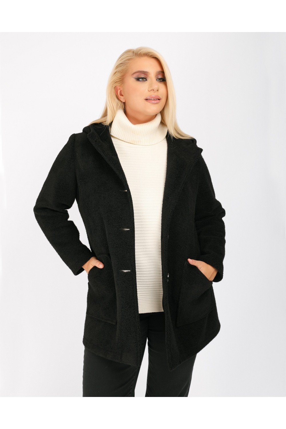 Ημίπαλτο μαύρο με κουκούλα DinaXL Μεγάλα Μεγέθη