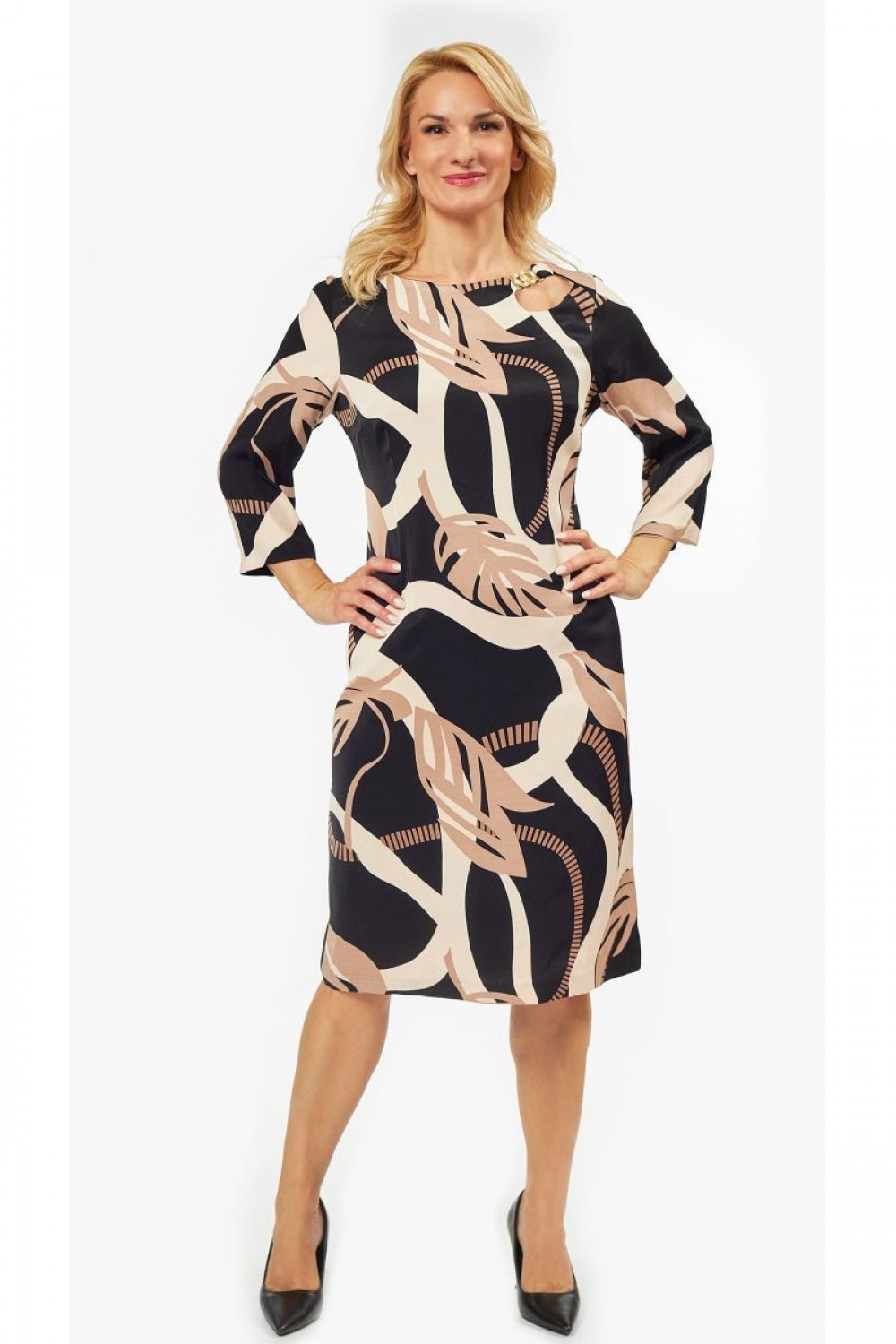 Φόρεμα μαύρο με μπεζ Assy  Μεγάλα Μεγέθη