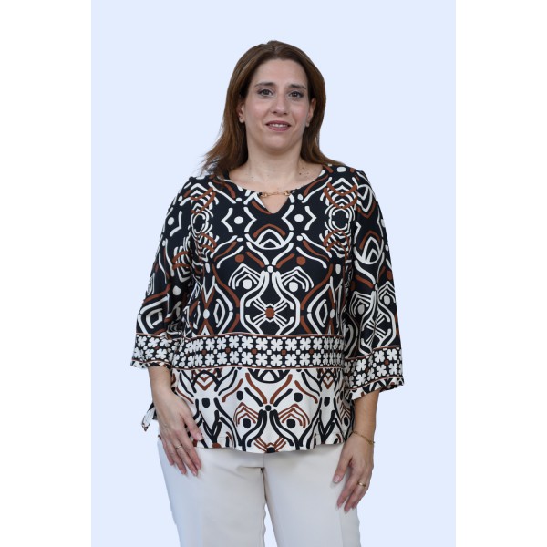 Μπλούζα εμπριμέ με καφέ λεπτομέρειες Μπλούζες