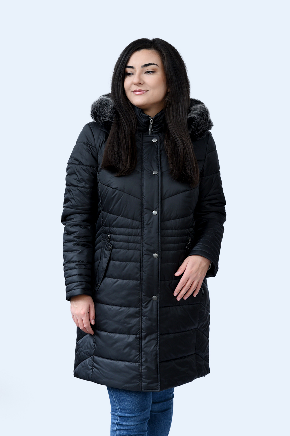 MicroCoat μπουφάν μαύρο μακρύ με γούνα  Μεγάλα Μεγέθη