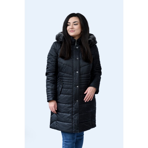 MicroCoat μπουφάν μαύρο μακρύ με γούνα  Μεγάλα Μεγέθη