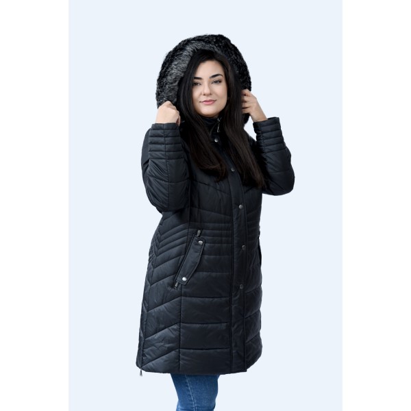 MicroCoat μπουφάν μαύρο μακρύ με γούνα  Μεγάλα Μεγέθη