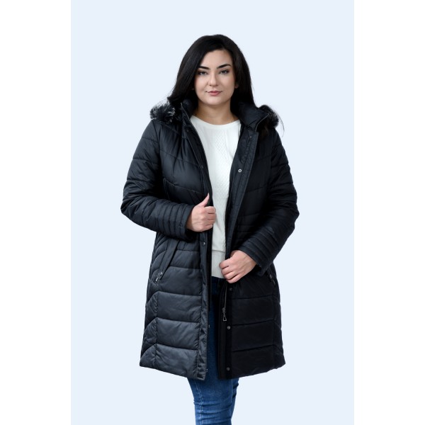 MicroCoat μπουφάν μαύρο μακρύ με γούνα  Μεγάλα Μεγέθη