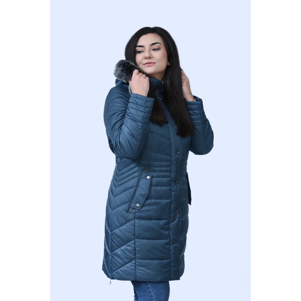 MicroCoat μπουφάν πετρόλ μακρύ με γούνα Μεγάλα Μεγέθη