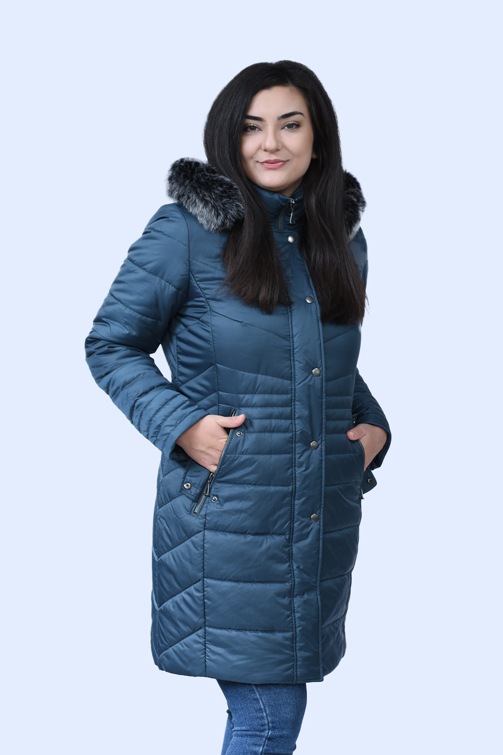 MicroCoat μπουφάν πετρόλ μακρύ με γούνα Μεγάλα Μεγέθη