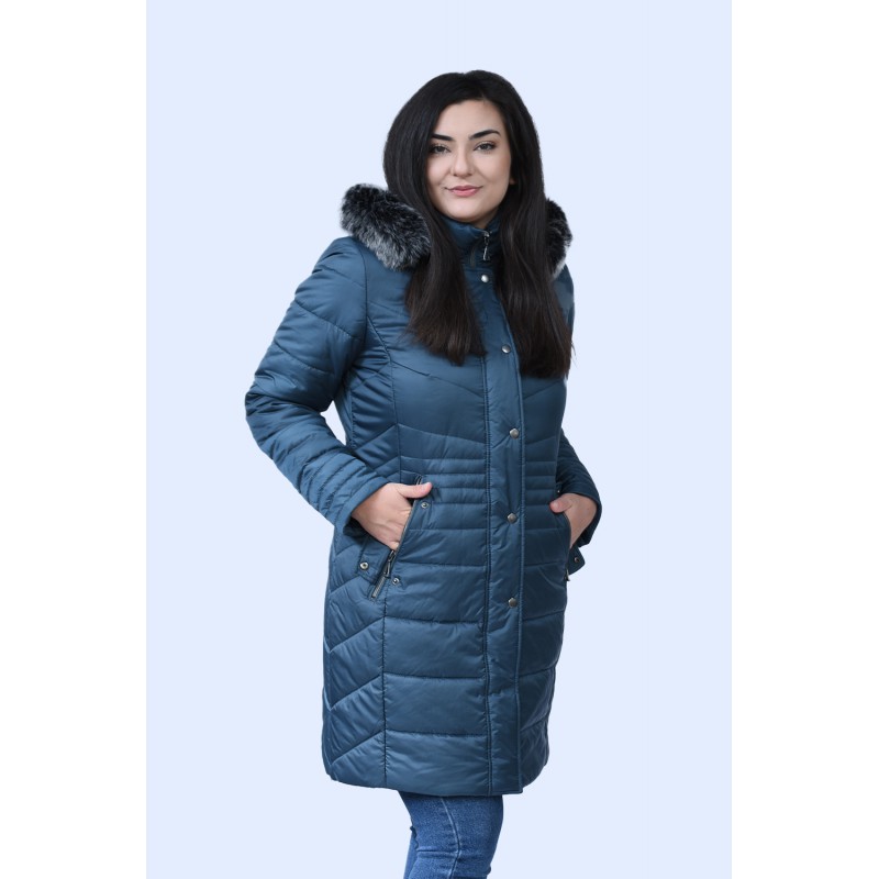 MicroCoat μπουφάν πετρόλ μακρύ με γούνα Μεγάλα Μεγέθη