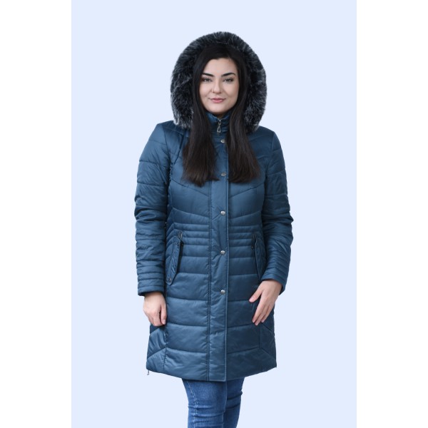 MicroCoat μπουφάν πετρόλ μακρύ με γούνα Μεγάλα Μεγέθη