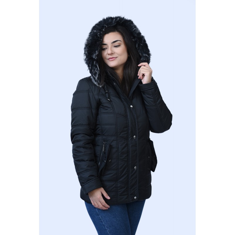 MicroCoat μπουφάν μαύρο κοντό με κουκούλα Μεγάλα Μεγέθη