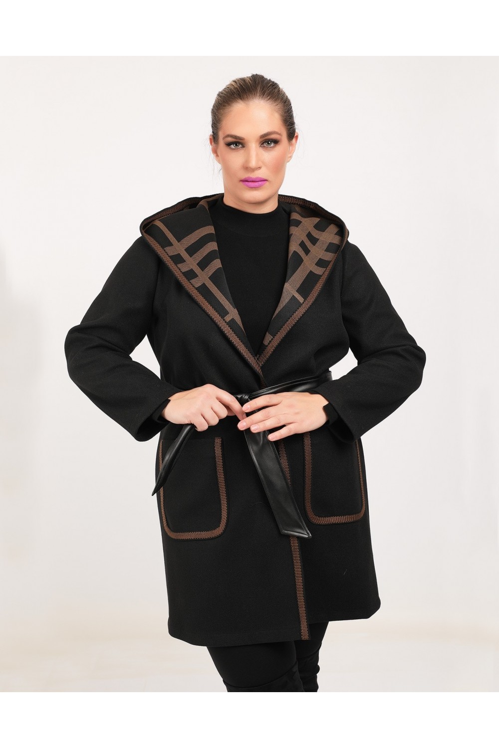 Ζακέτα μαύρη με καφέ βελούρ Μεγάλα Μεγέθη