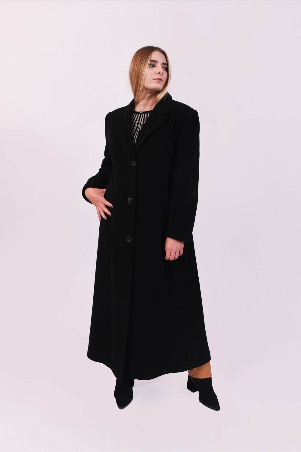 Παλτό μαύρο μακρύ με κασμίρ Μεγάλα Μεγέθη